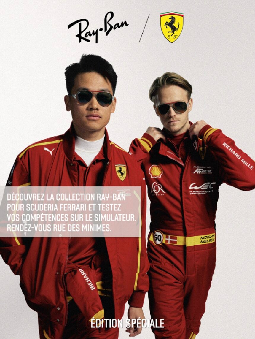 Affiche promotionnelle Ray-Ban x Scuderia Ferrari avec deux mannequins